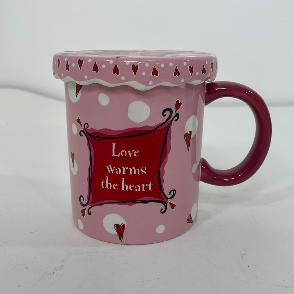 Ganz Valentine’s Day Coffee Tea Mug With Lid Handle Pink Red White 10 oz Love